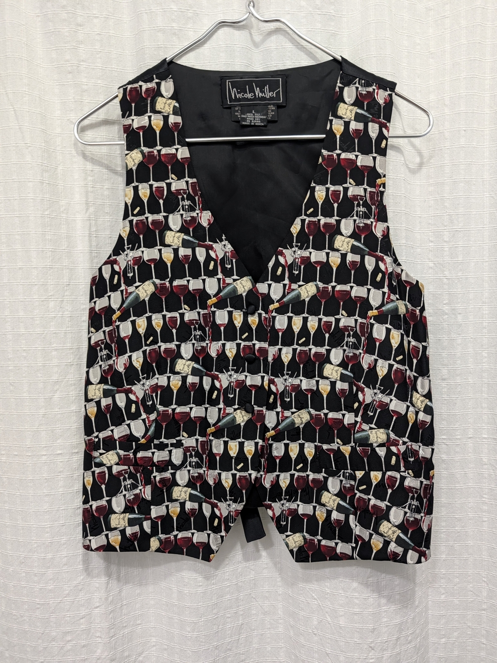 Nicole Miller Black Vest with Wine Glass Print Vintage Limited Print 1995 Large